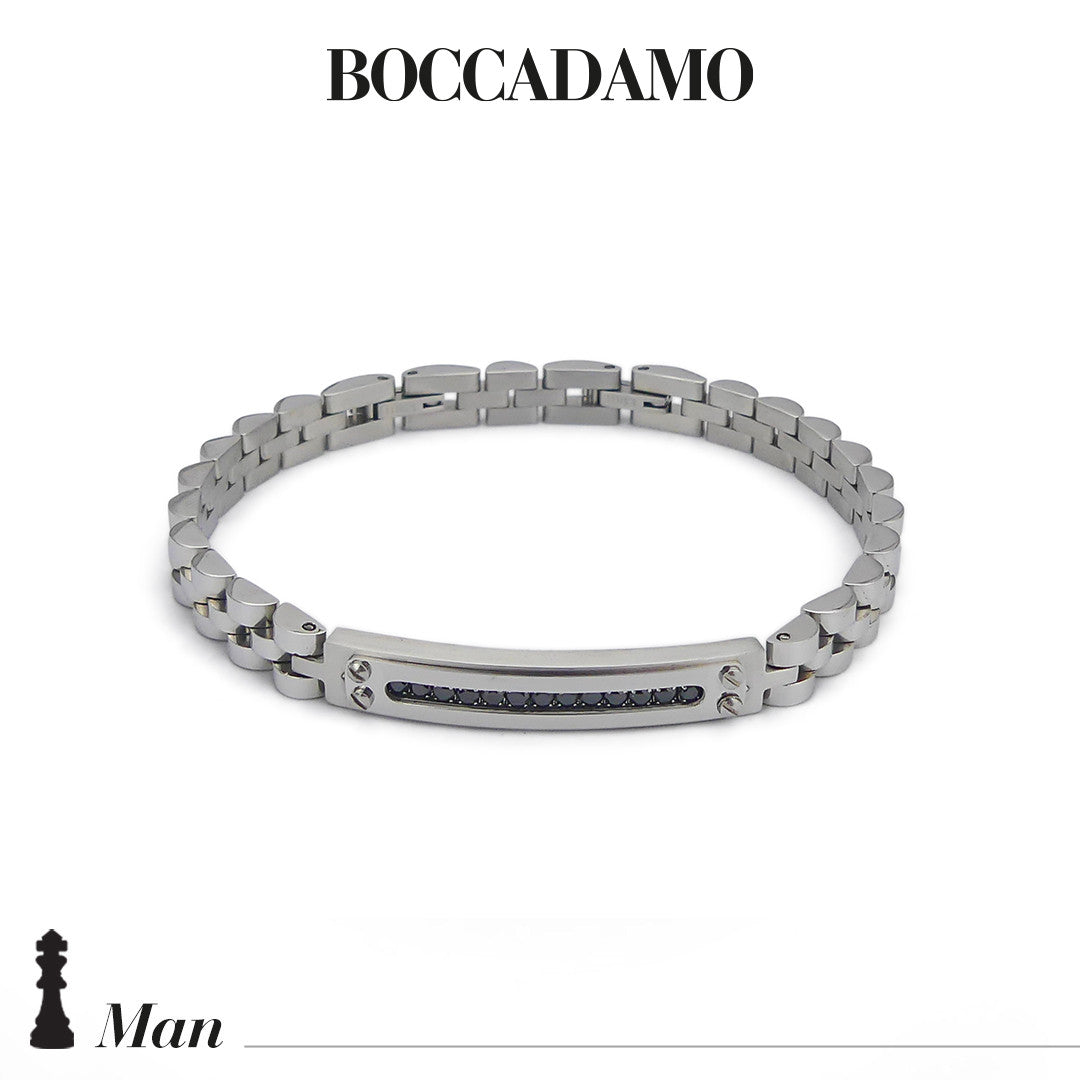 BOCCADAMO MAN Bracciale Uomo Maglia Jubilee Targa Centrale con Zirconi Neri