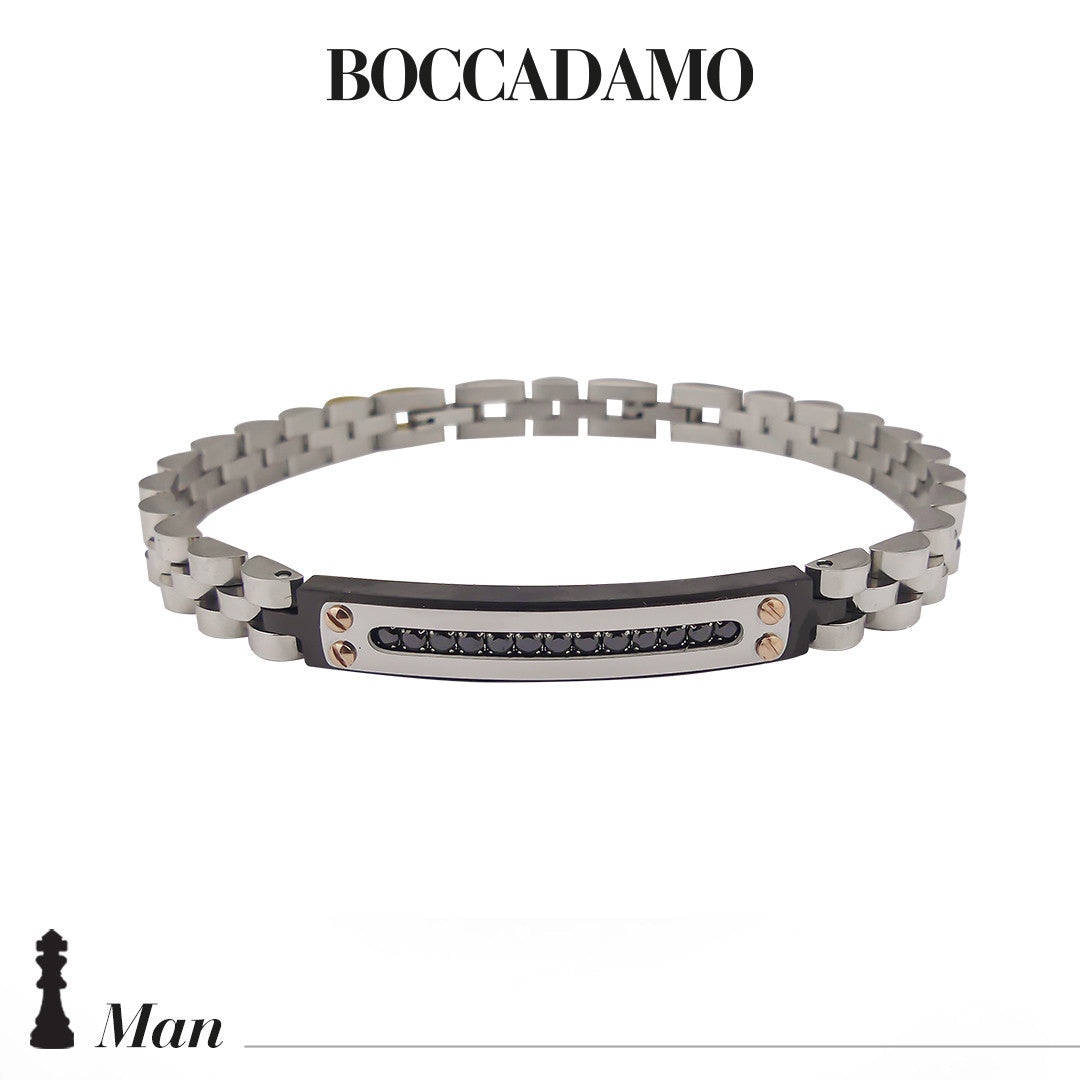 BOCCADAMO MAN Bracciale Uomo Maglia Jubilee con Targa Centrale Zirconi Neri PVD Nero