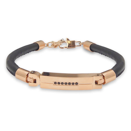 BOCCADAMO MAN Bracciale Uomo in Pelle con Targa Centrale PVD Oro Rosa e Zirconi Neri