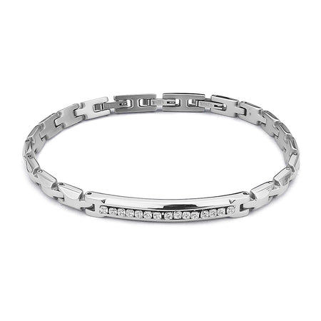BOCCADAMO MAN Bracciale Uomo maglia Modulare con Targa Centrale e Zirconi Bianchi