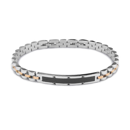 BOCCADAMO MAN Bracciale Uomo Maglia Jubilee bicolore con Targa Centrale e Zirconi Neri
