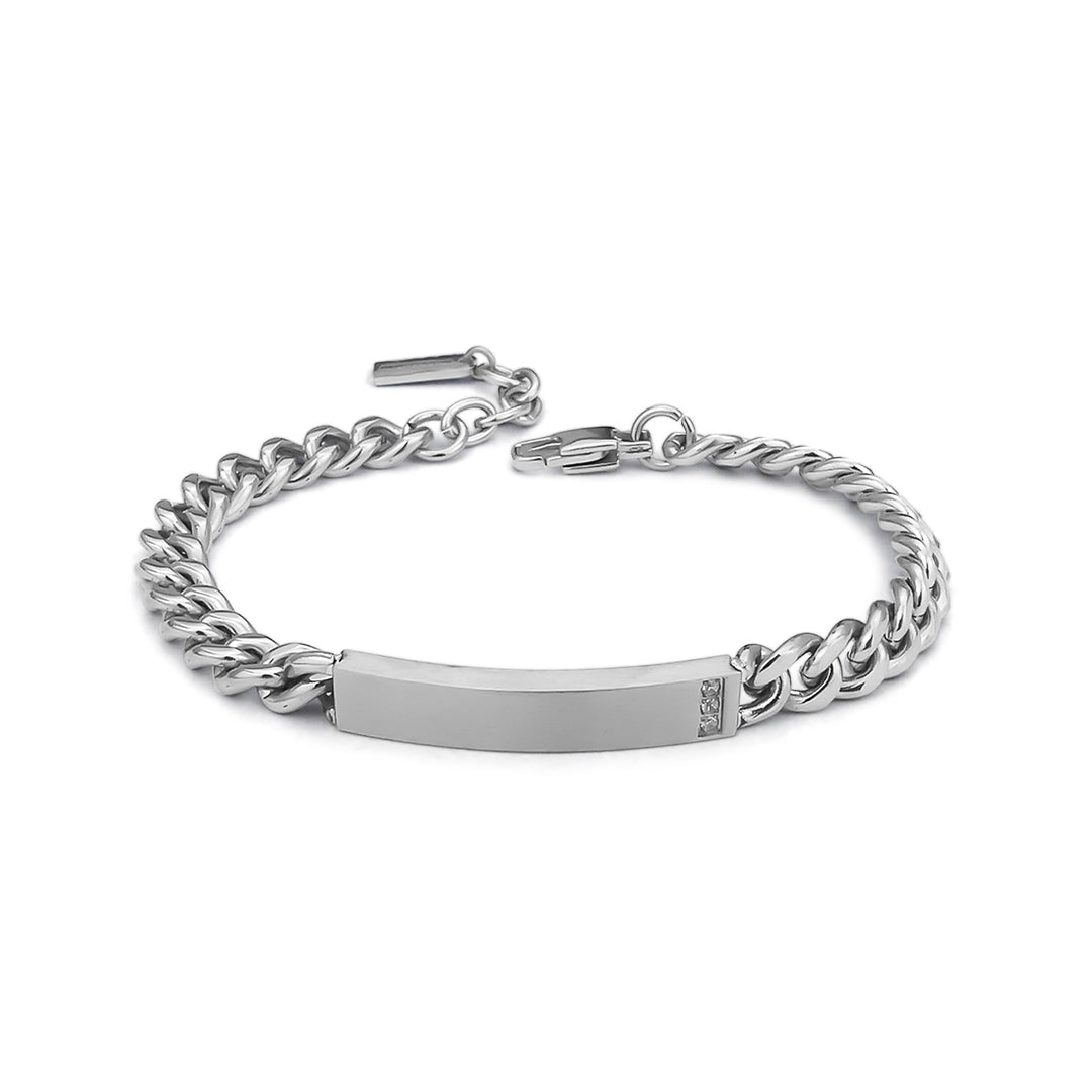BOCCADAMO MAN Bracciale Uomo Maglia Grumetta con Targa Centrale e Zirconi Bianchi