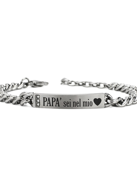 BOCCADAMO MAN Bracciale maglia grumetta e Targa Centrale "Papà sei nel mio Cuore" con Zirconi Bianchi