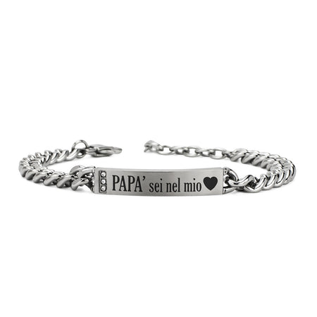 BOCCADAMO MAN Bracciale maglia grumetta e Targa Centrale "Papà sei nel mio Cuore" con Zirconi Bianchi