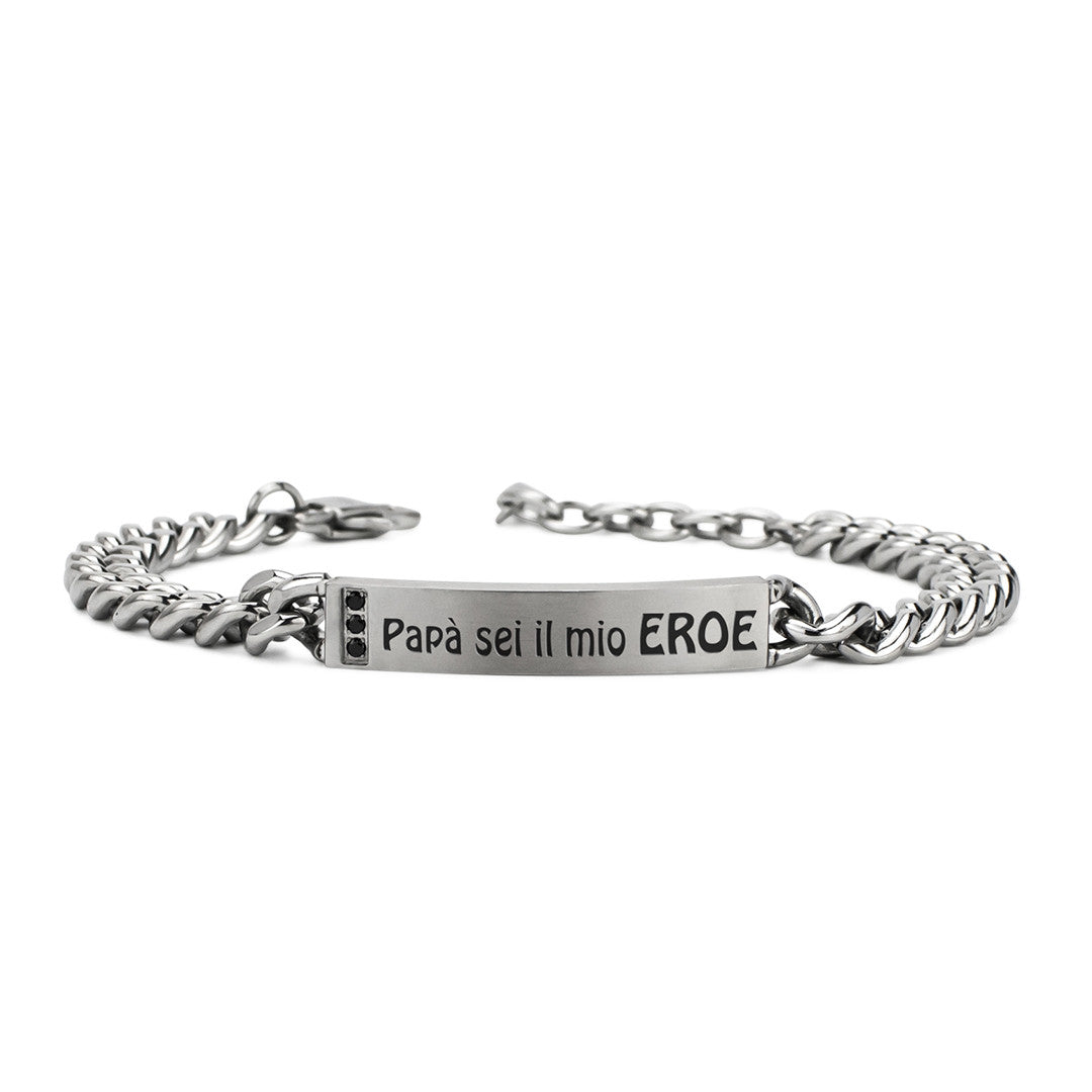 BOCCADAMO MAN Bracciale maglia grumetta e Targa Centrale "Papà sei il mio Eroe" con Zirconi Neri