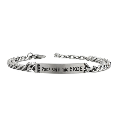 BOCCADAMO MAN Bracciale maglia grumetta e Targa Centrale "Papà sei il mio Eroe" con Zirconi Neri