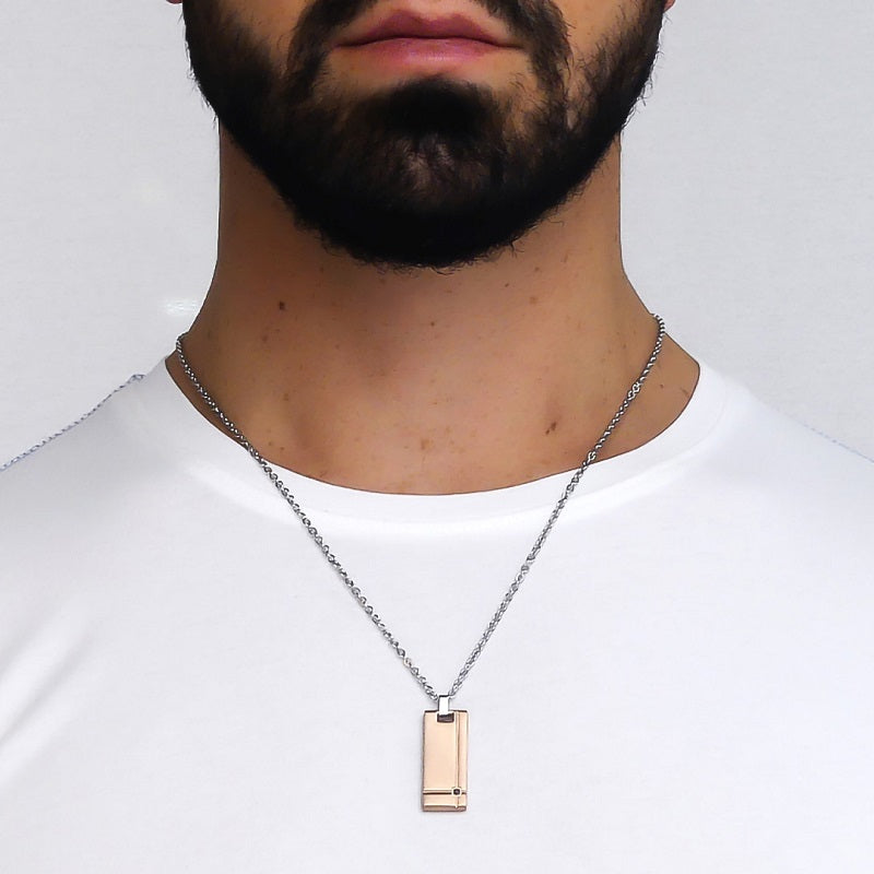 Collana Uomo BOCCADAMO MAN in Acciaio con piastrina in PVD oro rosa e zircone