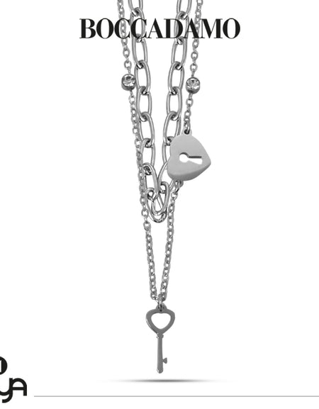 BOCCADAMO MYA Collana Doppio Filo Cuore e Chiave e Zirconi Bianchi