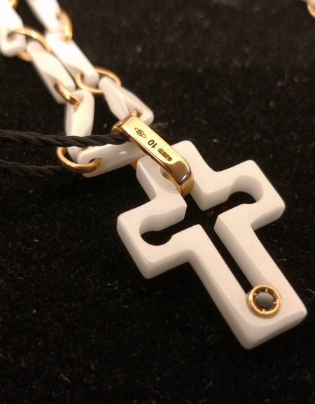Pendente BARAKA' a Croce in ceramica Bianca, Oro rosa e Diamante Nero LIMITED EDITION