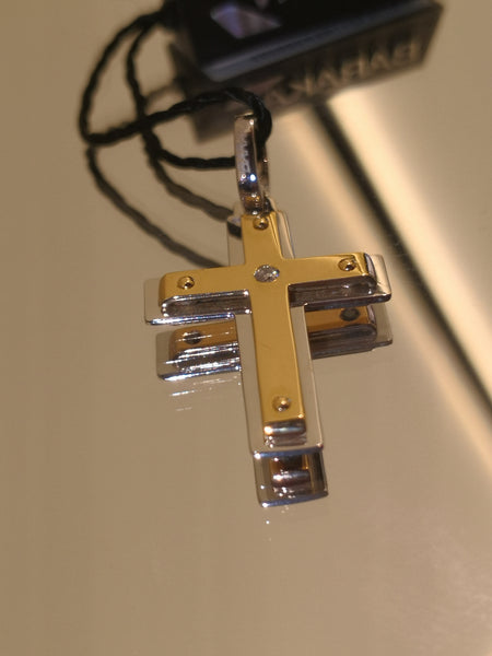 Croce BARAKÀ Oro Bianco,Rosa e Giallo 18kt,Diamante Nero ct 0.06 e Diamante Bianco ct 0.02