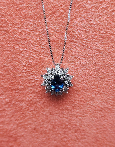 Collana DonnaOro Mistero con pendente in Oro bianco 18kt con Zaffiro e Diamanti