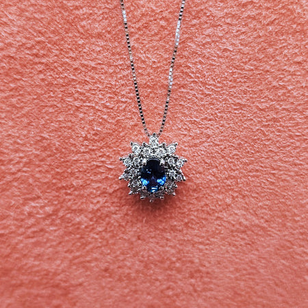 Collana DonnaOro Mistero con pendente in Oro bianco 18kt con Zaffiro e Diamanti