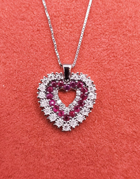 Collana DonnOro Mistero con Cuore in Oro bianco 18kt con Rubini e Diamanti