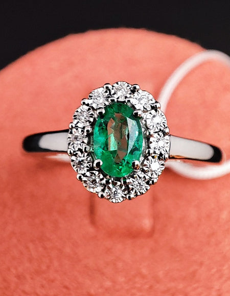 Anello DonnaOro MAGIA con cestino in Oro Bianco 18kt, Diamanti e Smeraldi