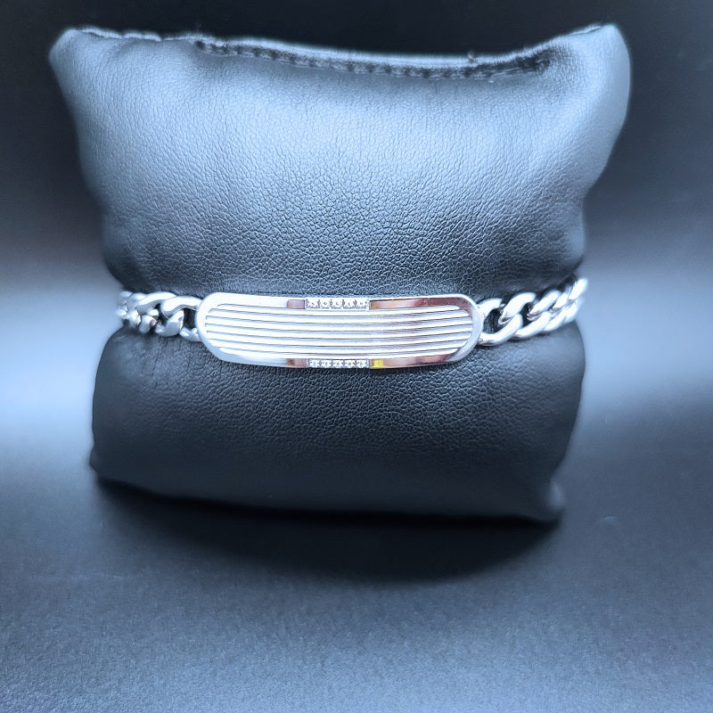 Bracciale Uomo BOCCADAMO MAN con piastrina rigata in Acciaio e zirconi bianchi