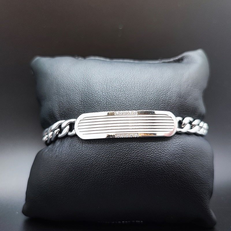 Bracciale Uomo BOCCADAMO MAN con piastrina rigata in Acciaio e zirconi bianchi