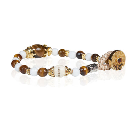 GERBA Bracciale Donna Lab in Bronzo Placcato Oro con Sfere di Occhio di Tigre e Agata bianca
