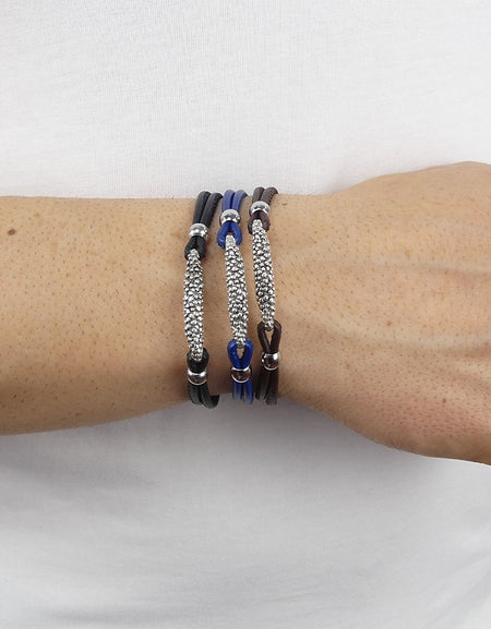 Bracciale Uomo BOCCADAMO MAN in Pelle Nera e Piastrina Pallinata Centrale in Argento 925