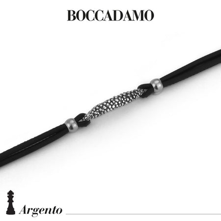 Bracciale Uomo BOCCADAMO MAN in Pelle Nera e Piastrina Pallinata Centrale in Argento 925