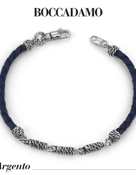 Bracciale Uomo BOCCADAMO MAN in Pelle Blu Vintage ed Elementi Centrali a Corda in Argento 925