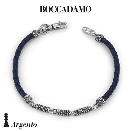 Bracciale Uomo BOCCADAMO MAN in Pelle Blu Vintage ed Elementi Centrali a Corda in Argento 925