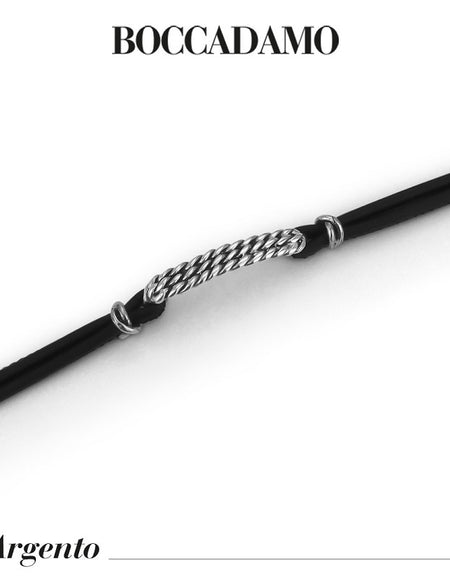 Bracciale Uomo BOCCADAMO MAN in Pelle Nera e Piastra Centrale Lavorazione a Corda in Argento 925