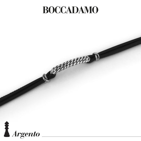 Bracciale Uomo BOCCADAMO MAN in Pelle Nera e Piastra Centrale Lavorazione a Corda in Argento 925