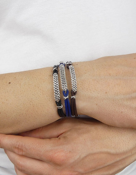 Bracciale Uomo BOCCADAMO MAN in Pelle Nera e Piastra Centrale Lavorazione a Corda in Argento 925