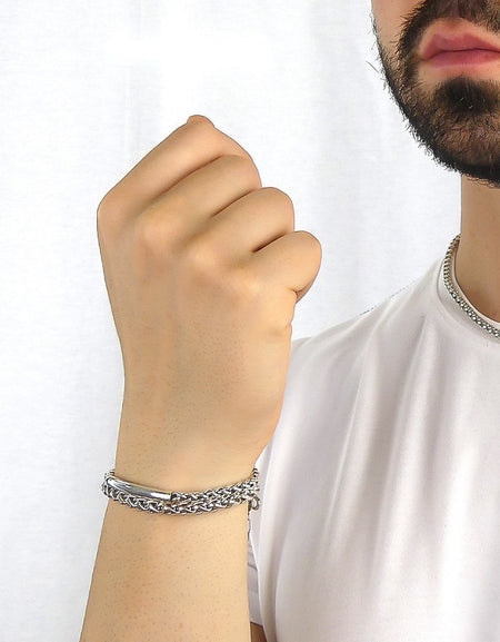 Bracciale Uomo BOCCADAMO MAN in Argento 925 Maglia a Spiga Larga e Piastrina Centrale