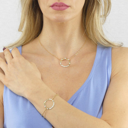 Collana donna BOCCADAMO Magic Circle placcata oro giallo con pendente circolare lastra pallinata e cristalli