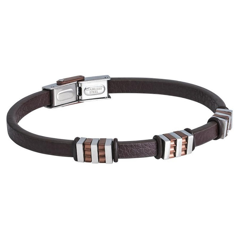 Bracciale Uomo BOCCADAMO MAN pelle marrone con inserti in Pvd rosato