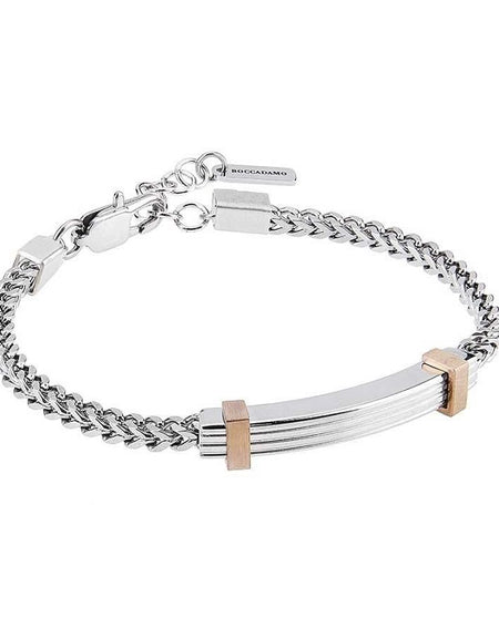 Bracciale uomo BOCCADAMO MAN in acciaio con maglie intrecciate e piastrina e oro rosa