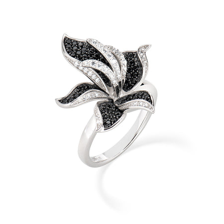 AMEN Anello Donna Orchidea in Argento 925 Zirconi Bianchi e Neri