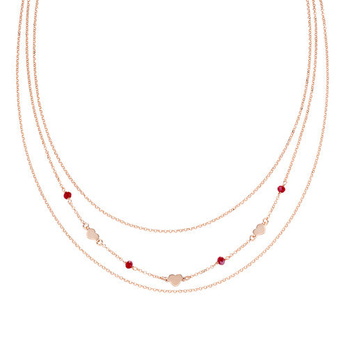 AMEN Collana Donna Multifilo Rosè Cuori e Cristalli Rubino in Argento 925