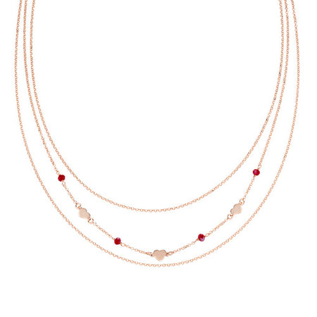 AMEN Collana Donna Multifilo Rosè Cuori e Cristalli Rubino in Argento 925