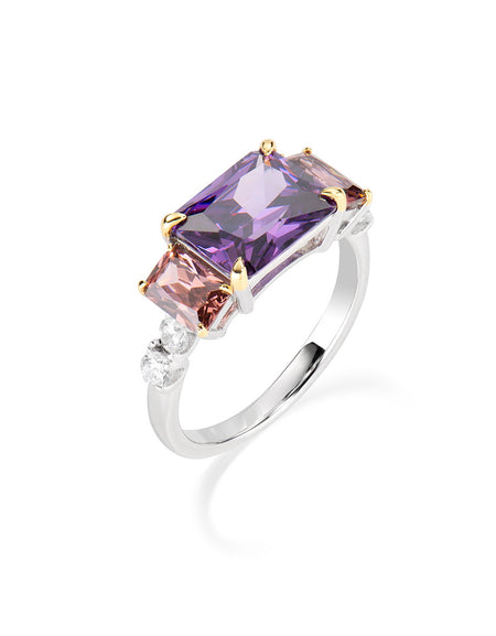 AMEN Anello Donna "Cocktail" in Argento 925 Zirconi Viola, Brown e Bianchi