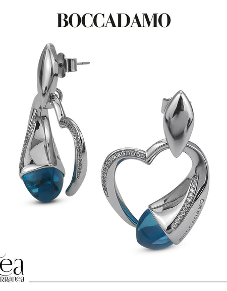 BOCCADAMO Orecchini Donna Cuori pendenti Contrariè con Cristalli Acquamarina e Zirconi Bianchi