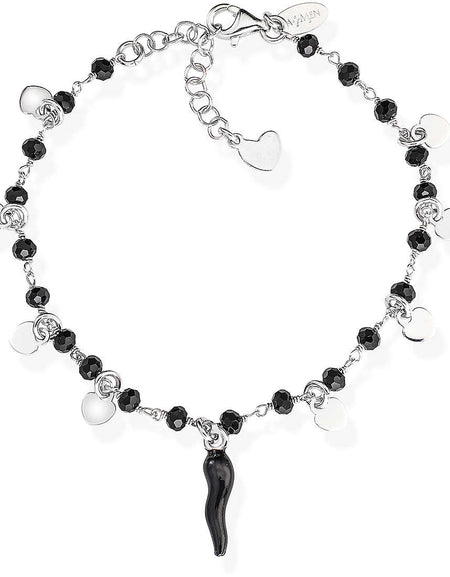AMEN Bracciale Cuoricini pendenti Cornetto Nero e Cristalli Neri in Argento 925
