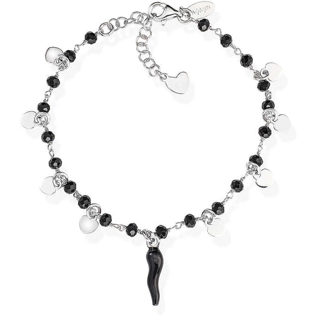 AMEN Bracciale Cuoricini pendenti Cornetto Nero e Cristalli Neri in Argento 925
