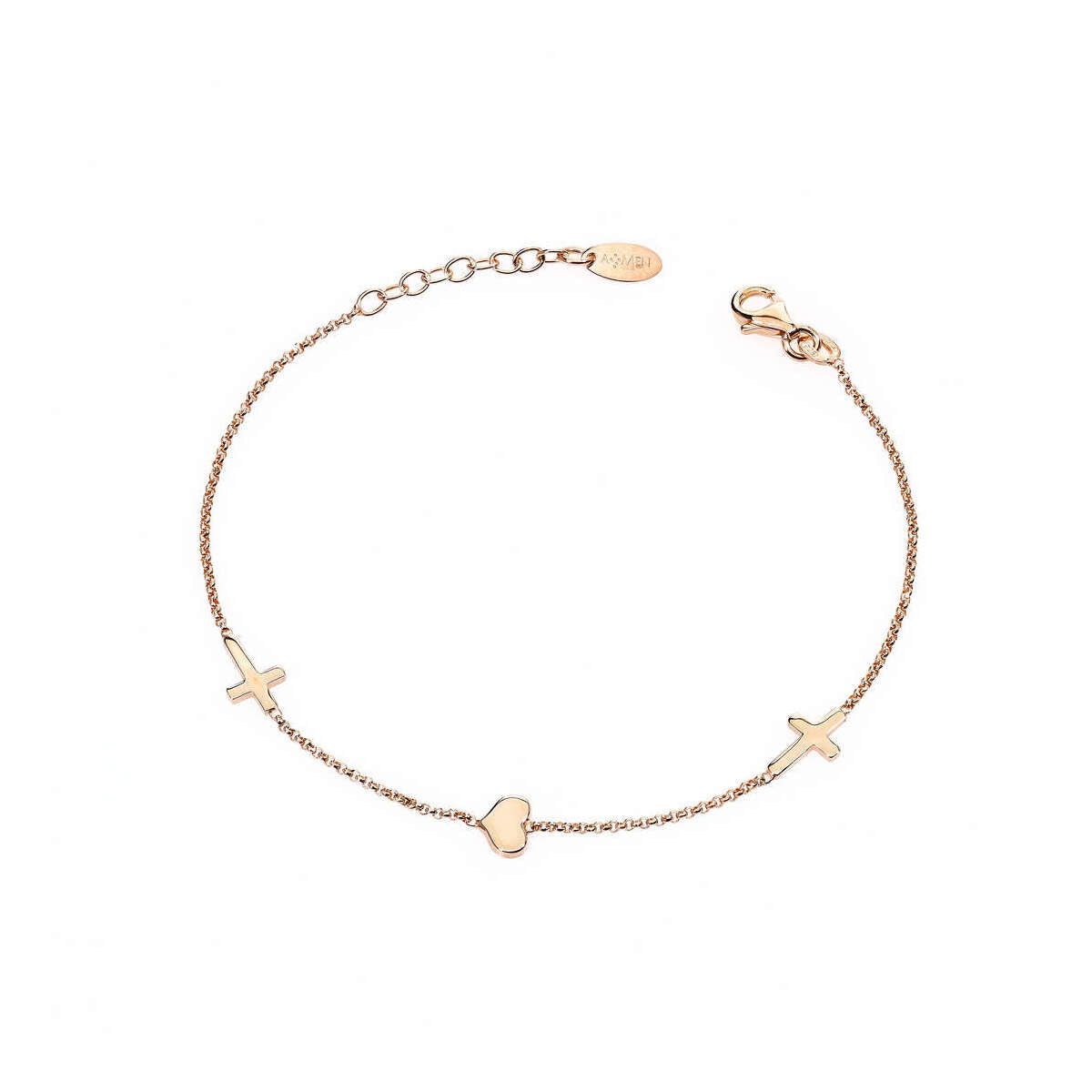AMEN Bracciale Rosè Cuore centrale e Croci in Argento 925