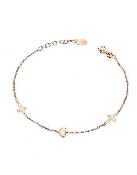 AMEN Bracciale Rosè Cuore centrale e Croci in Argento 925
