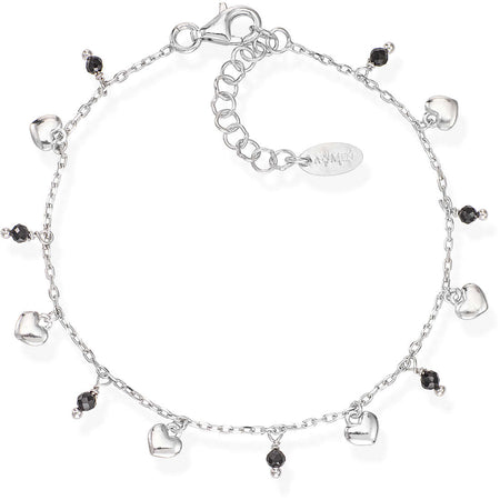 AMEN Bracciale Cuoricini e Cristalli Neri Pendenti in Argento 925