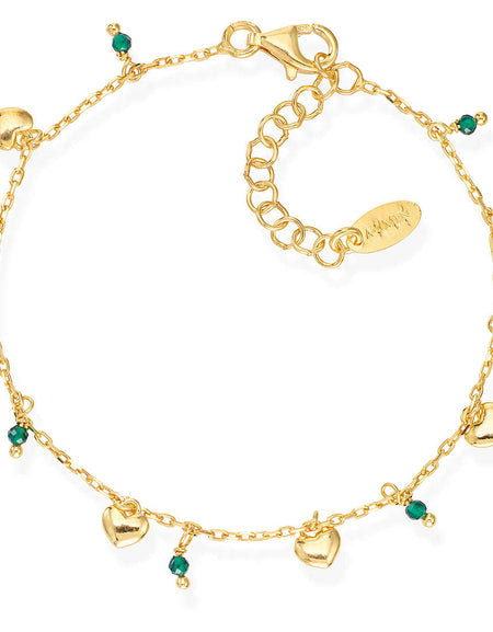 AMEN Bracciale dorato Charm Cuoricini e Cristalli Verdi in Argento 925