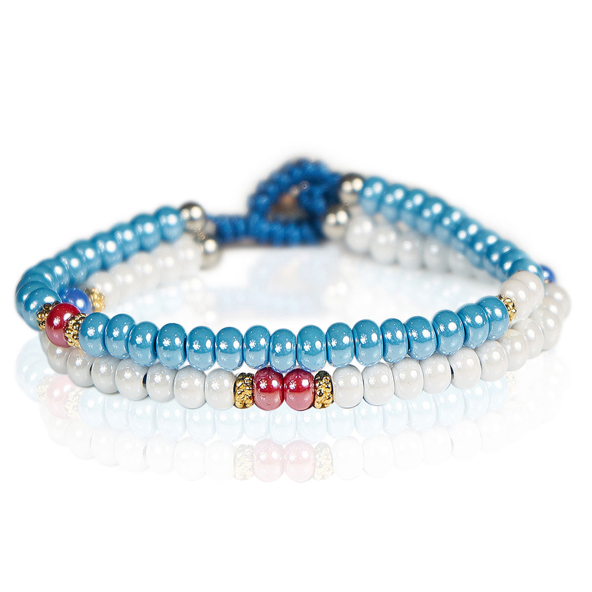 GERBA Bracciale Double Wile 05 doppio filo con Murrine Bianche Rosse e Verde Acqua in Argento 925