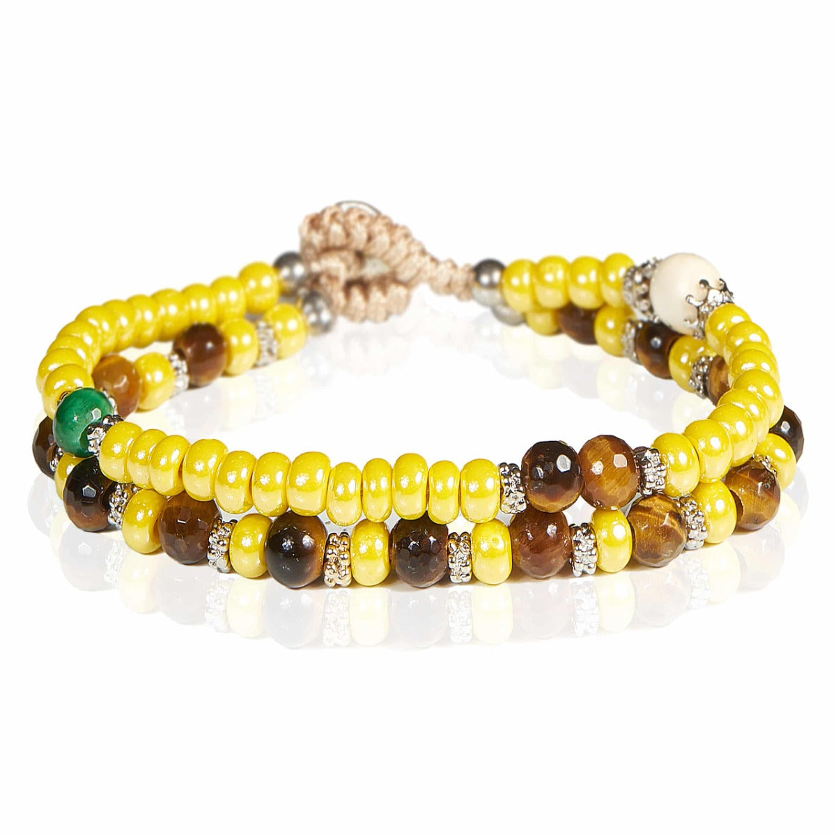 GERBA Bracciale Double Wile 08 a doppio filo con Occhio di Tigre e Murrine Gialle in Argento 925