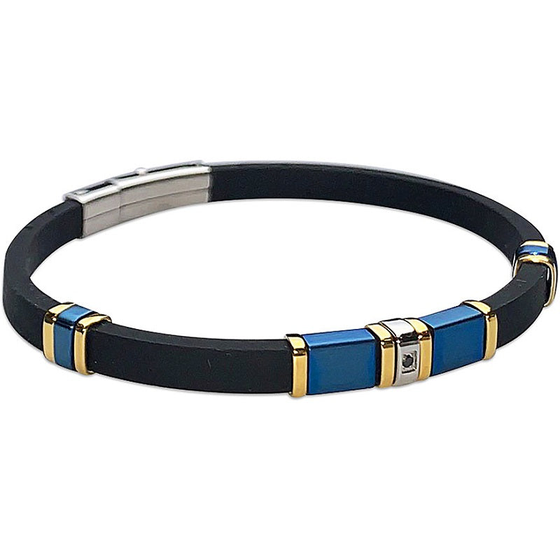 Bracciale Uomo BOCCADAMO MAN in caucciù nero e PVD blu e dorato con zircone