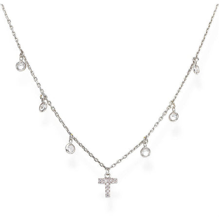 AMEN Collana Donna Lettera T con Zirconi Bianchi Pendenti