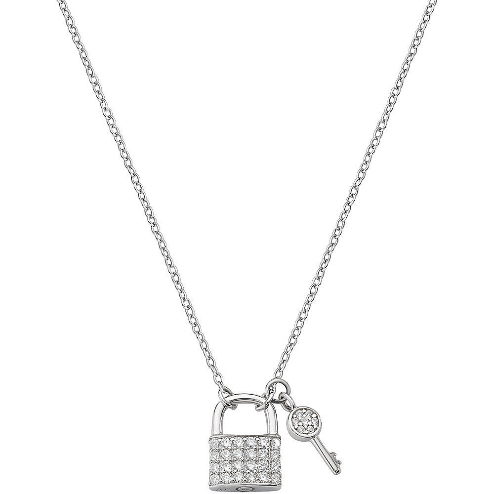 AMEN Collana Chiave e Lucchetto con pavè di Zirconi Bianchi in Argento 925