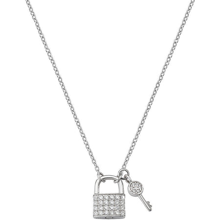 AMEN Collana Chiave e Lucchetto con pavè di Zirconi Bianchi in Argento 925