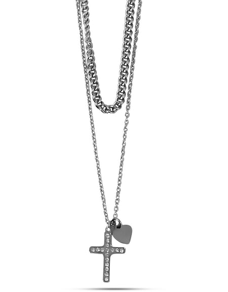 BOCCADAMO MYA Collana Doppio Filo con Croce di Zirconi Bianchi e Cuore